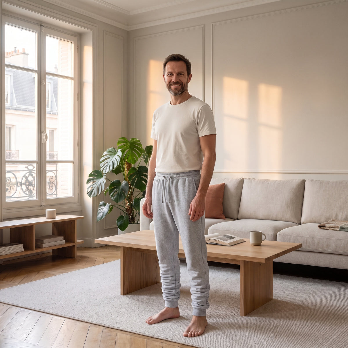 Homme portant le pantalon de jogging gris clair dans un salon lumineux