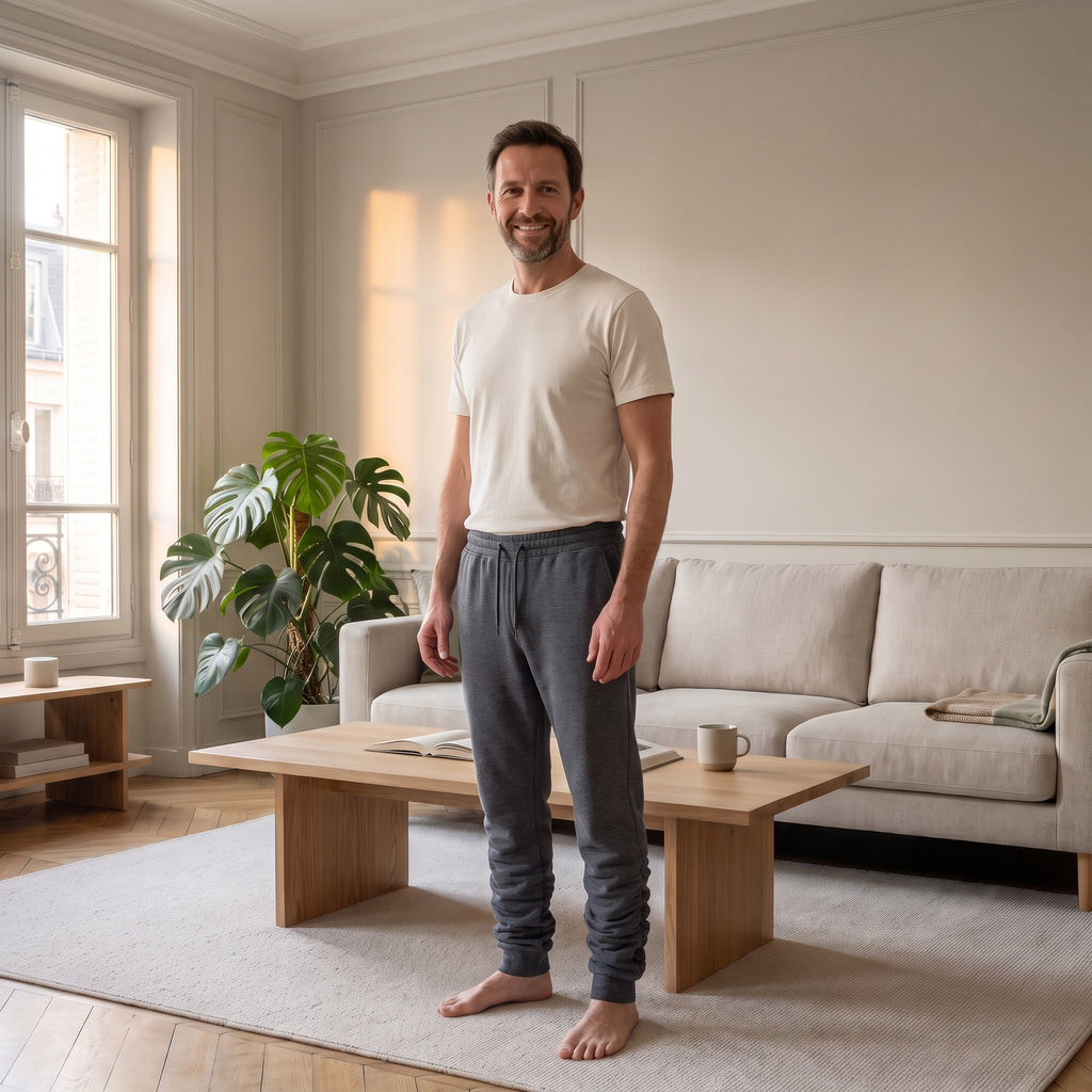 Homme portant le pantalon de jogging gris foncé dans un salon lumineux