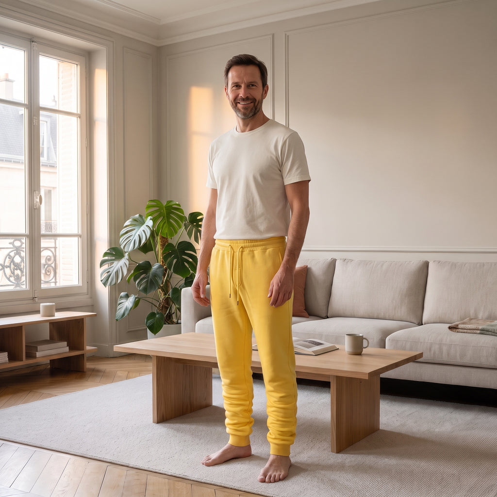 Homme portant le pantalon de jogging jaune dans un salon lumineux