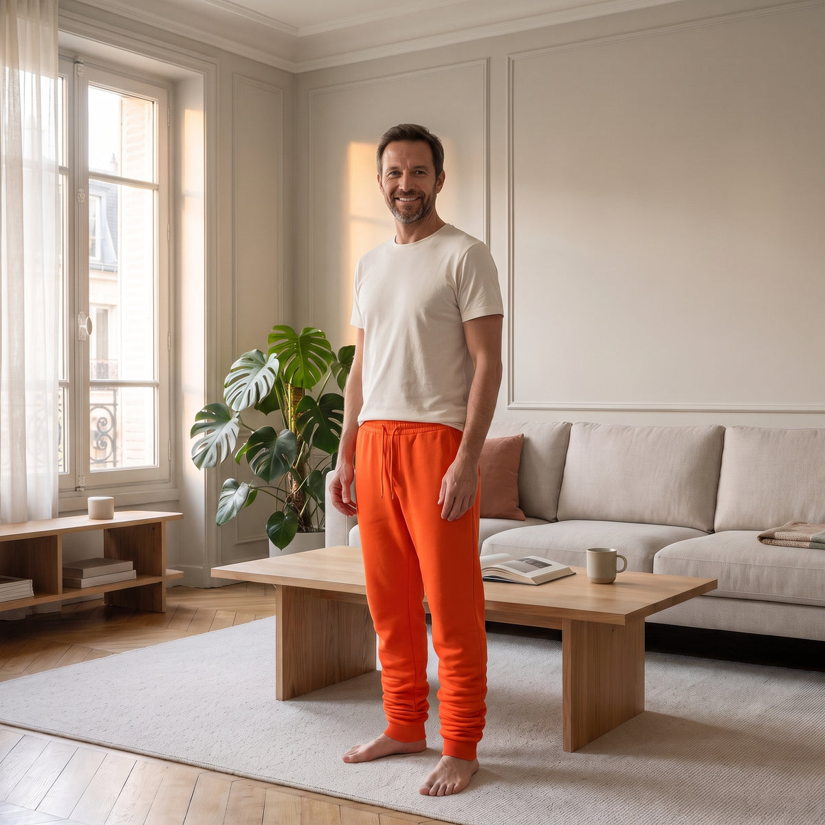 Homme portant le pantalon de jogging orange dans un salon lumineux