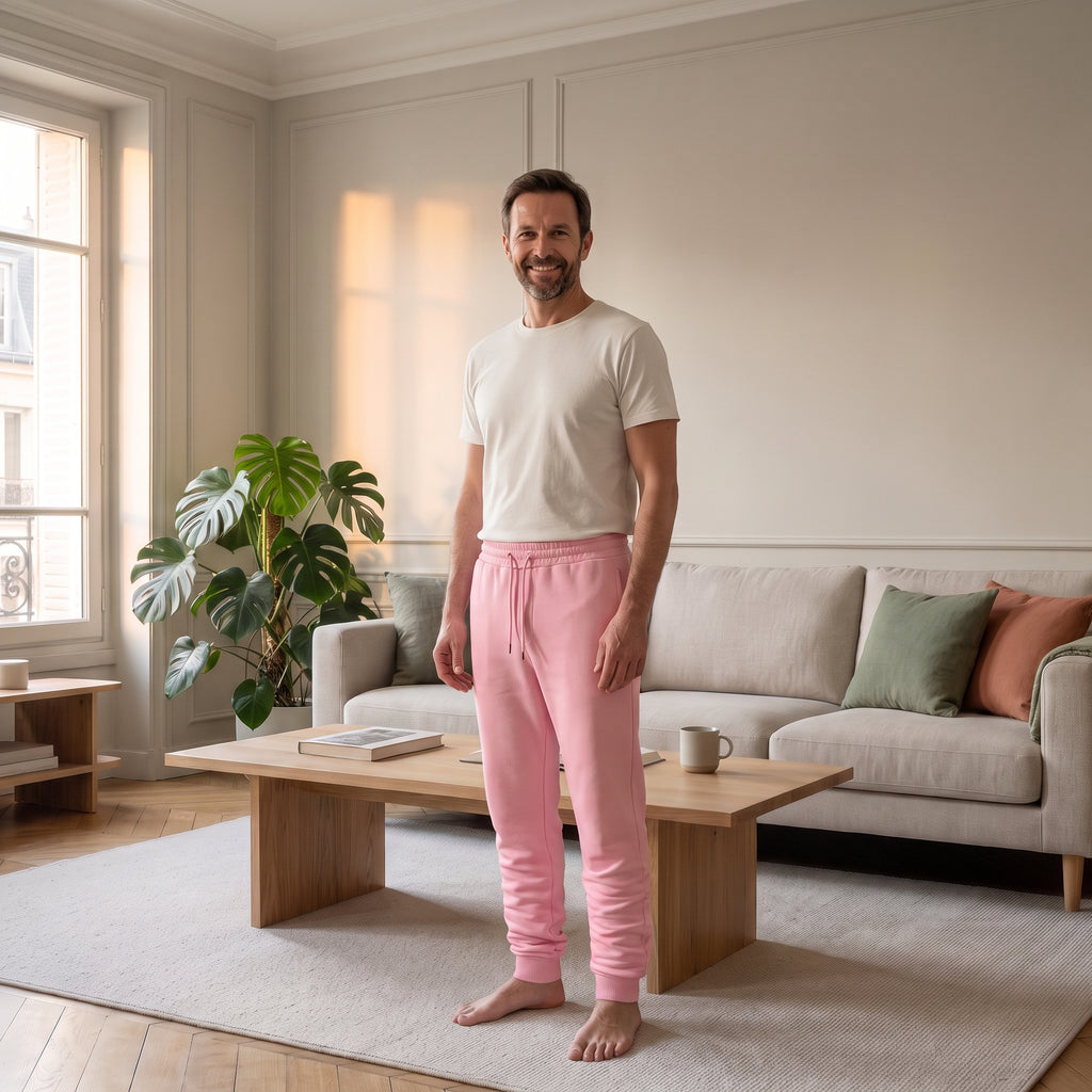 Homme portant le pantalon de jogging rose dans un salon lumineux