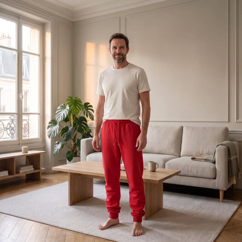 Homme portant le pantalon de jogging rouge dans un salon lumineux