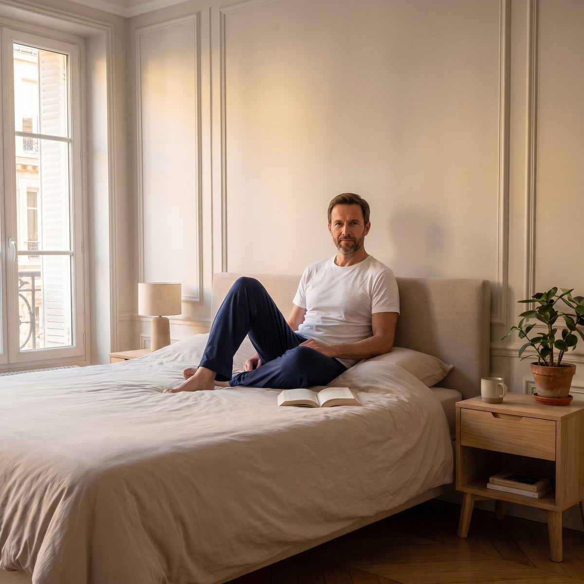 Pantalon de pyjama bleu porté pendant un moment calme dans la chambre