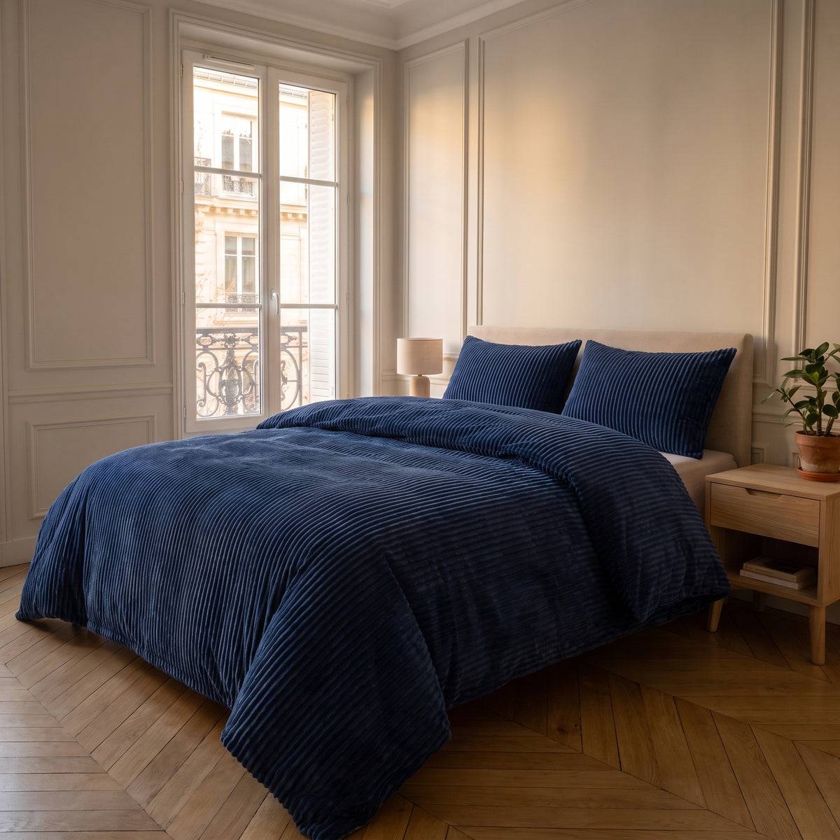 Parure de lit bleu uni installée sur un lit dans une chambre lumineuse