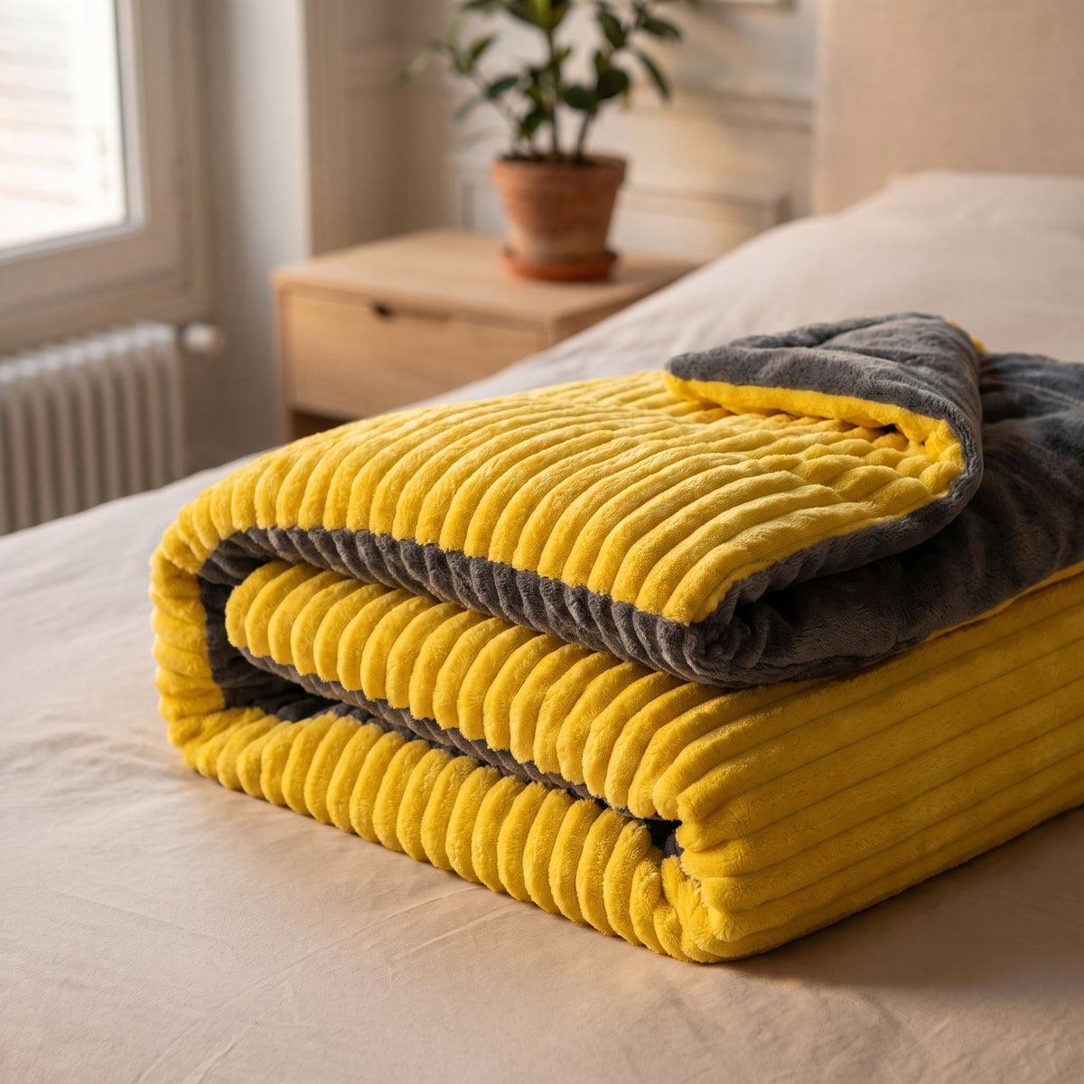 Parure de lit jaune uni pliée sur un lit, détail du velours côtelé et du revers gris
