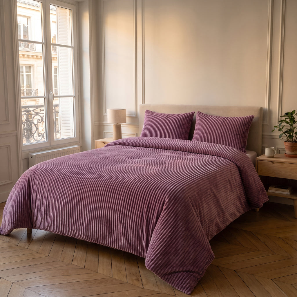 Parure de lit violet uni installée sur un lit dans une chambre lumineuse