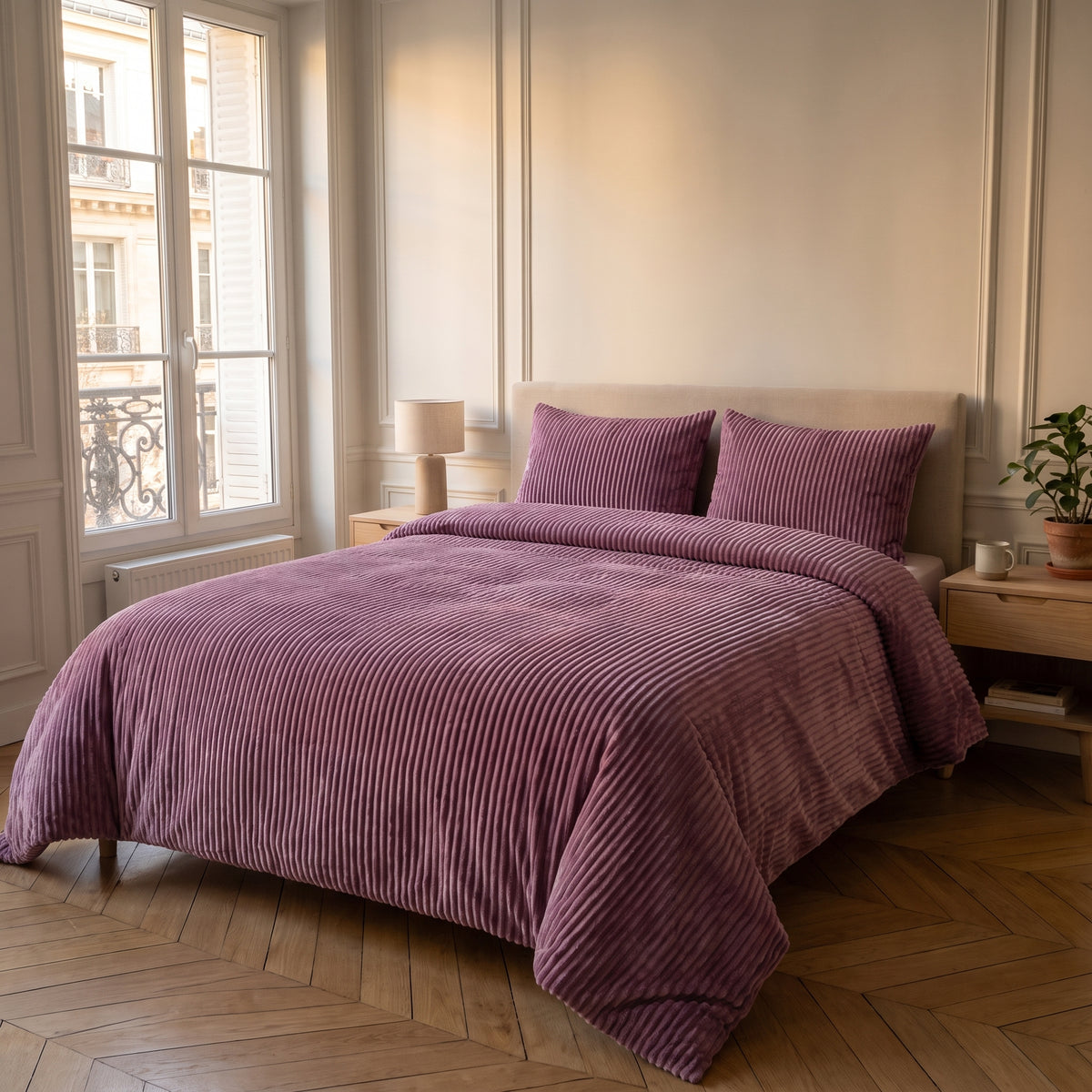 Parure de lit violet uni installée sur un lit dans une chambre lumineuse