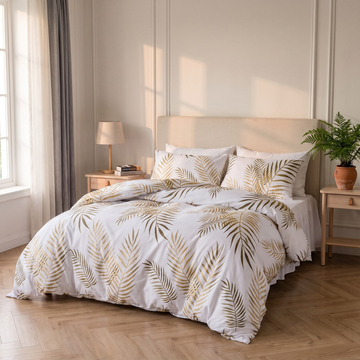 Lit vu de trois quarts avec la housse de couette à feuillage doré et ses deux taies assorties