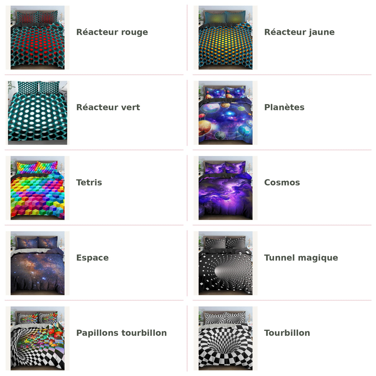 Les dix motifs disponibles pour la housse de couette 3D Image
