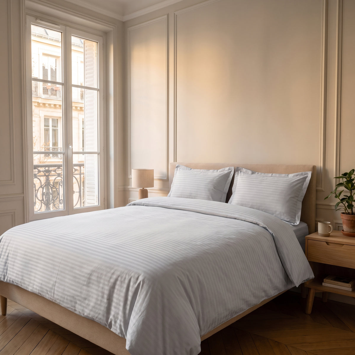 Chambre claire avec la parure de lit rayée grise sur le lit Image