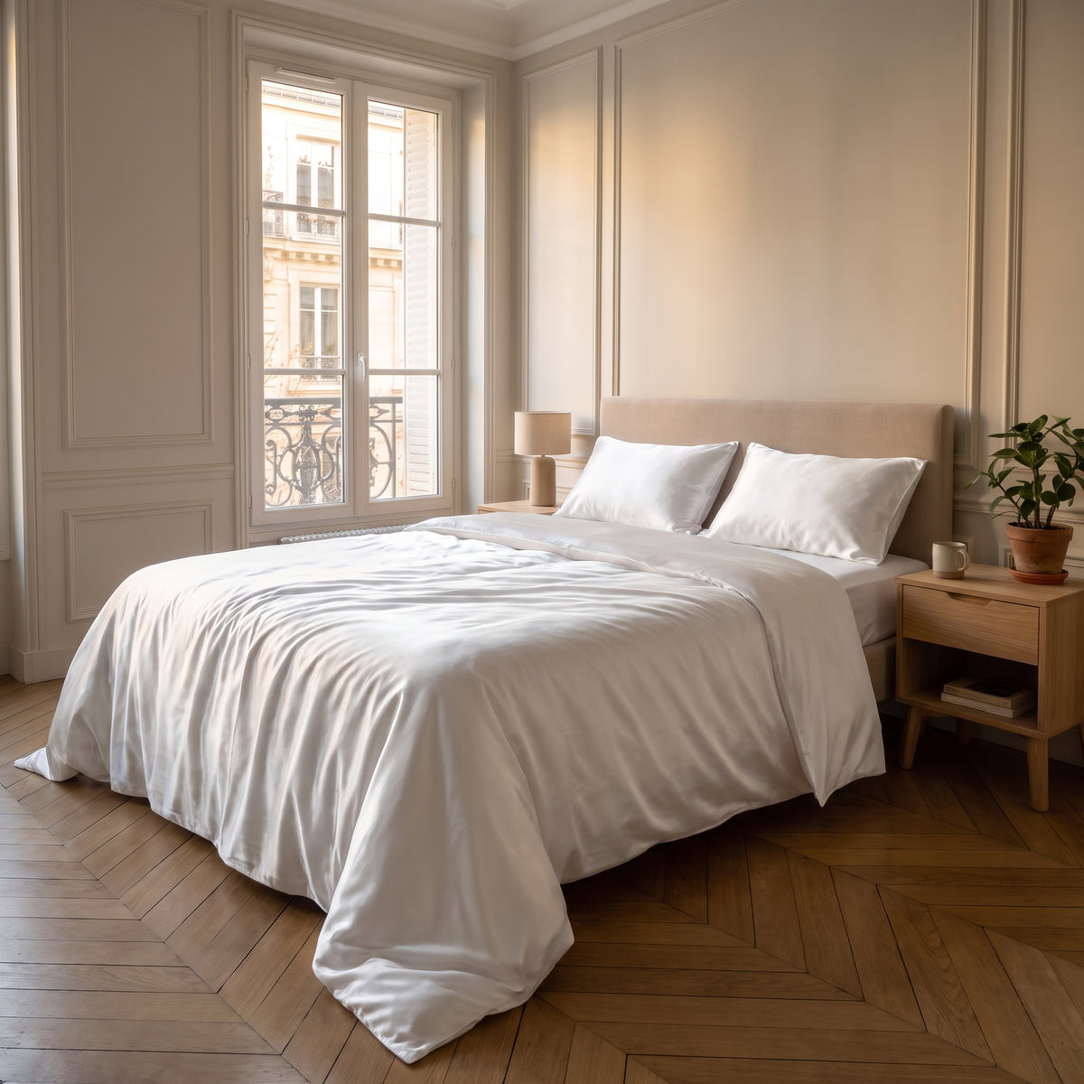 Parure de lit satinée blanc avec drap plat dans une chambre calme