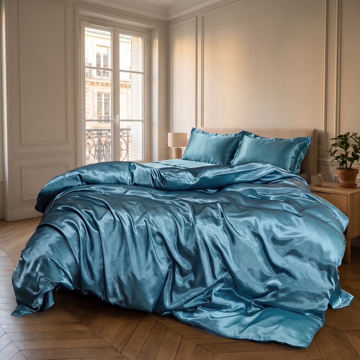 Parure de lit satinée bleu canard avec drap plat dans une chambre calme