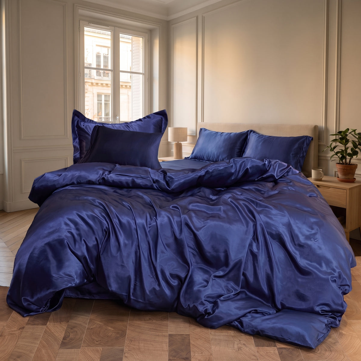 Parure de lit satinée bleu nuit avec drap plat dans une chambre calme