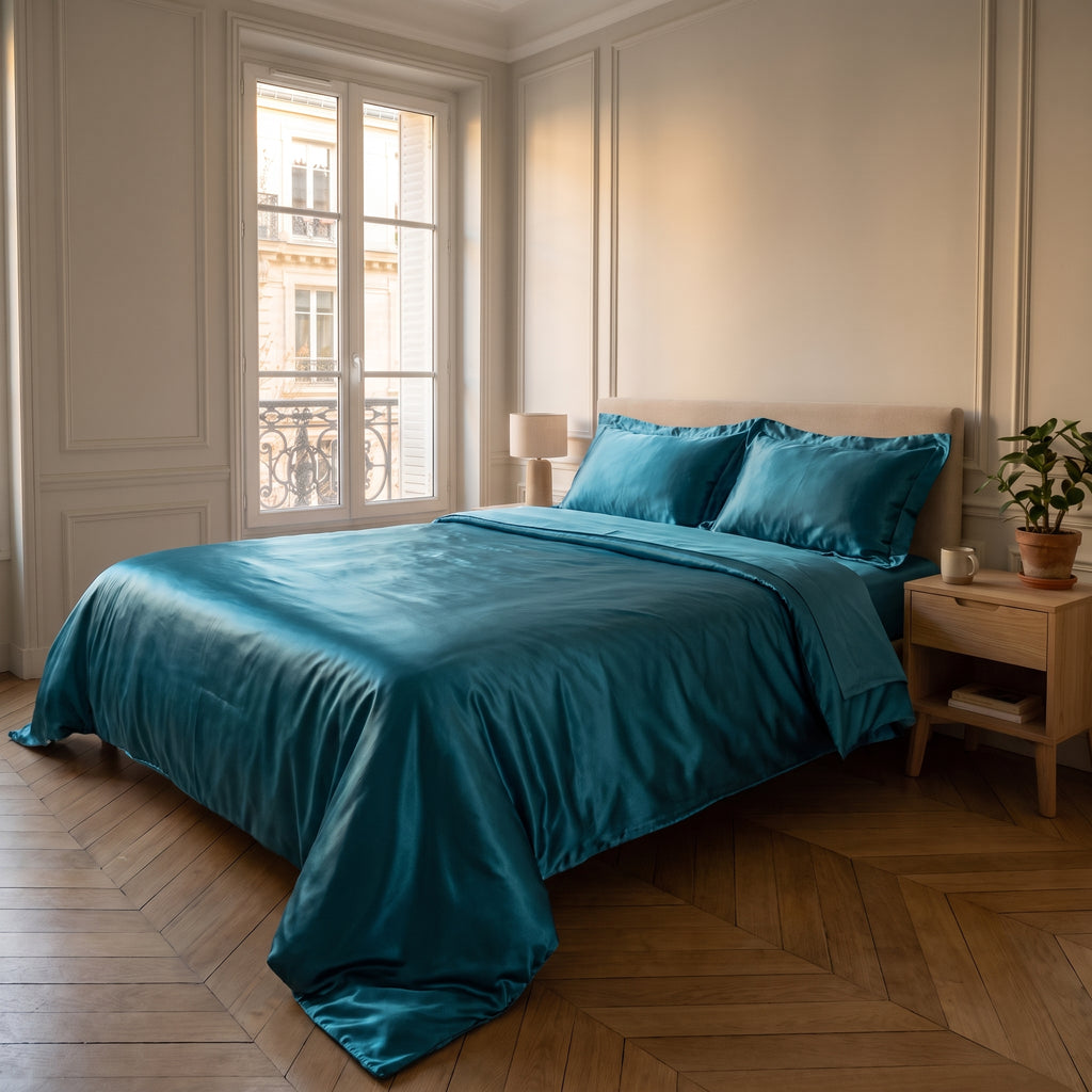 Parure de lit satinée bleu pétrole avec drap plat dans une chambre calme
