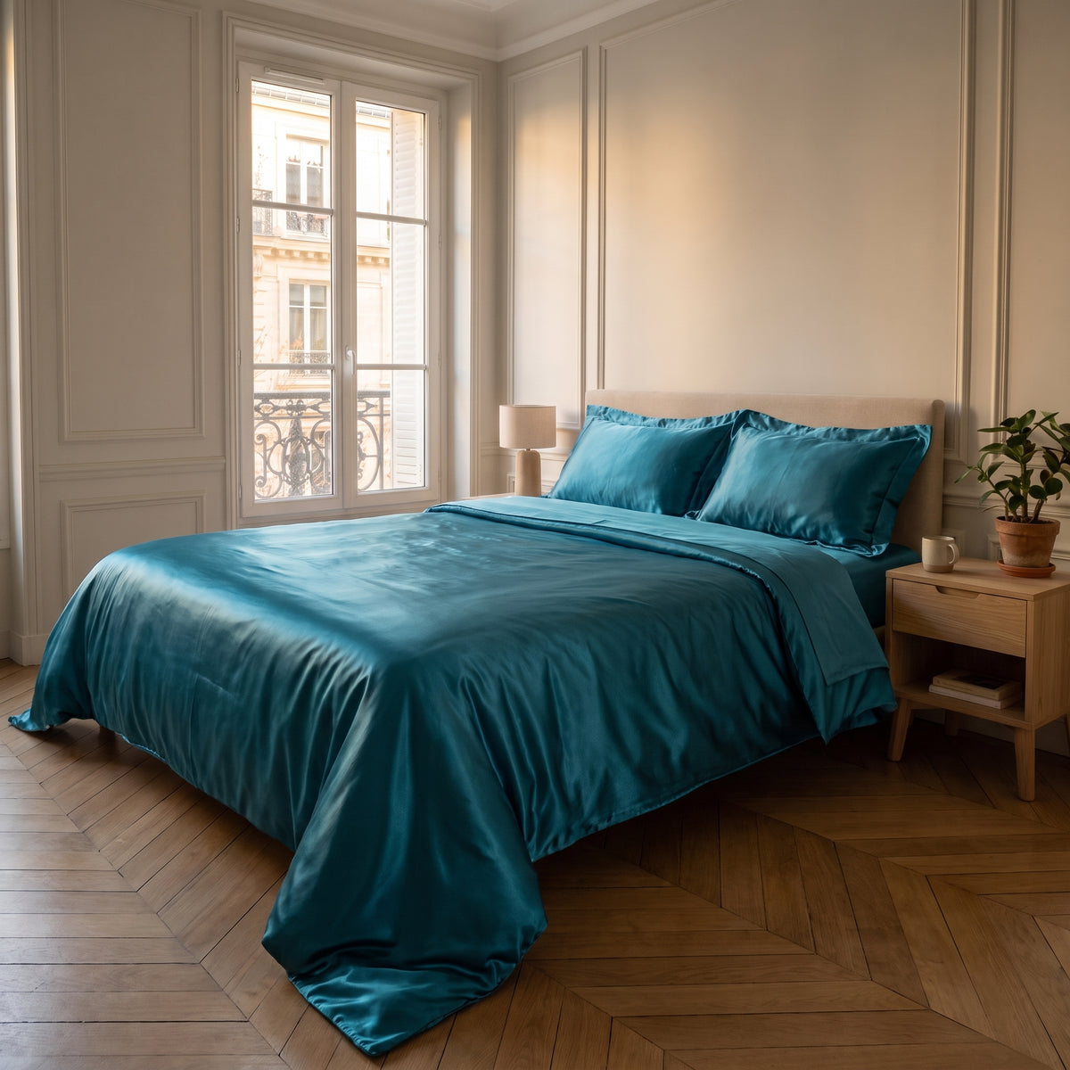 Parure de lit satinée bleu pétrole avec drap plat dans une chambre calme
