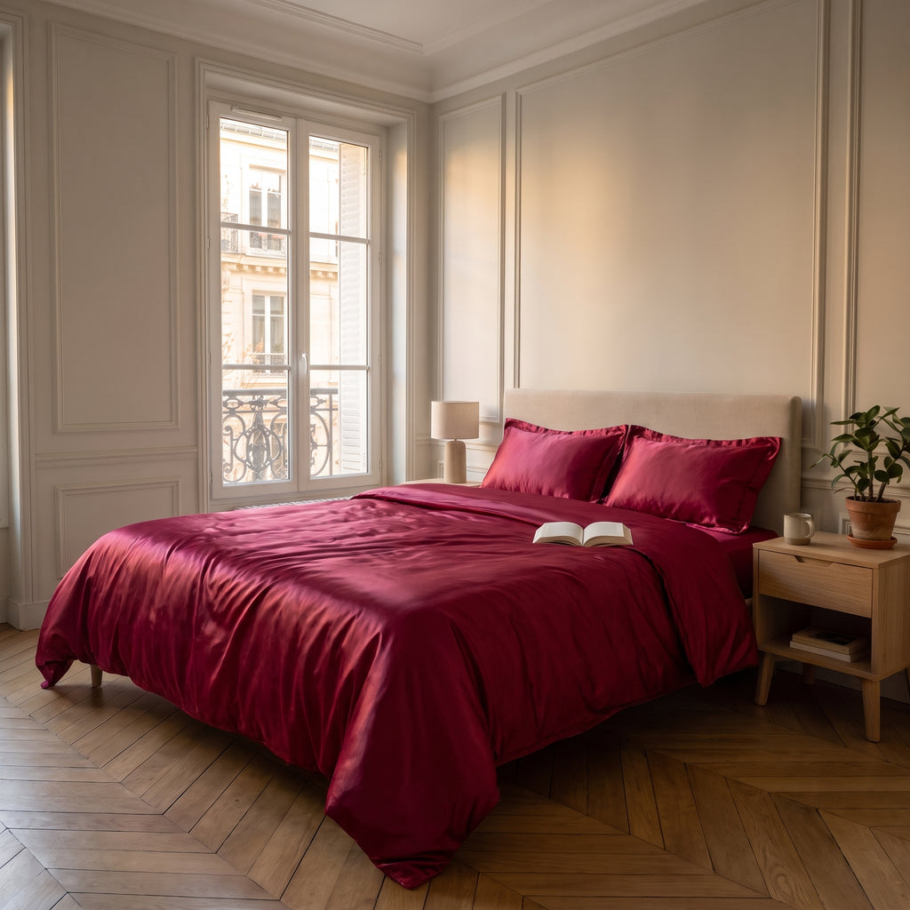 Parure de lit satinée bordeaux avec drap plat dans une chambre calme