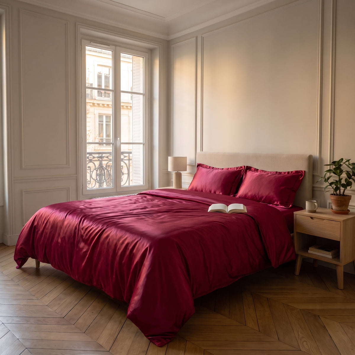 Parure de lit satinée bordeaux avec drap plat dans une chambre calme
