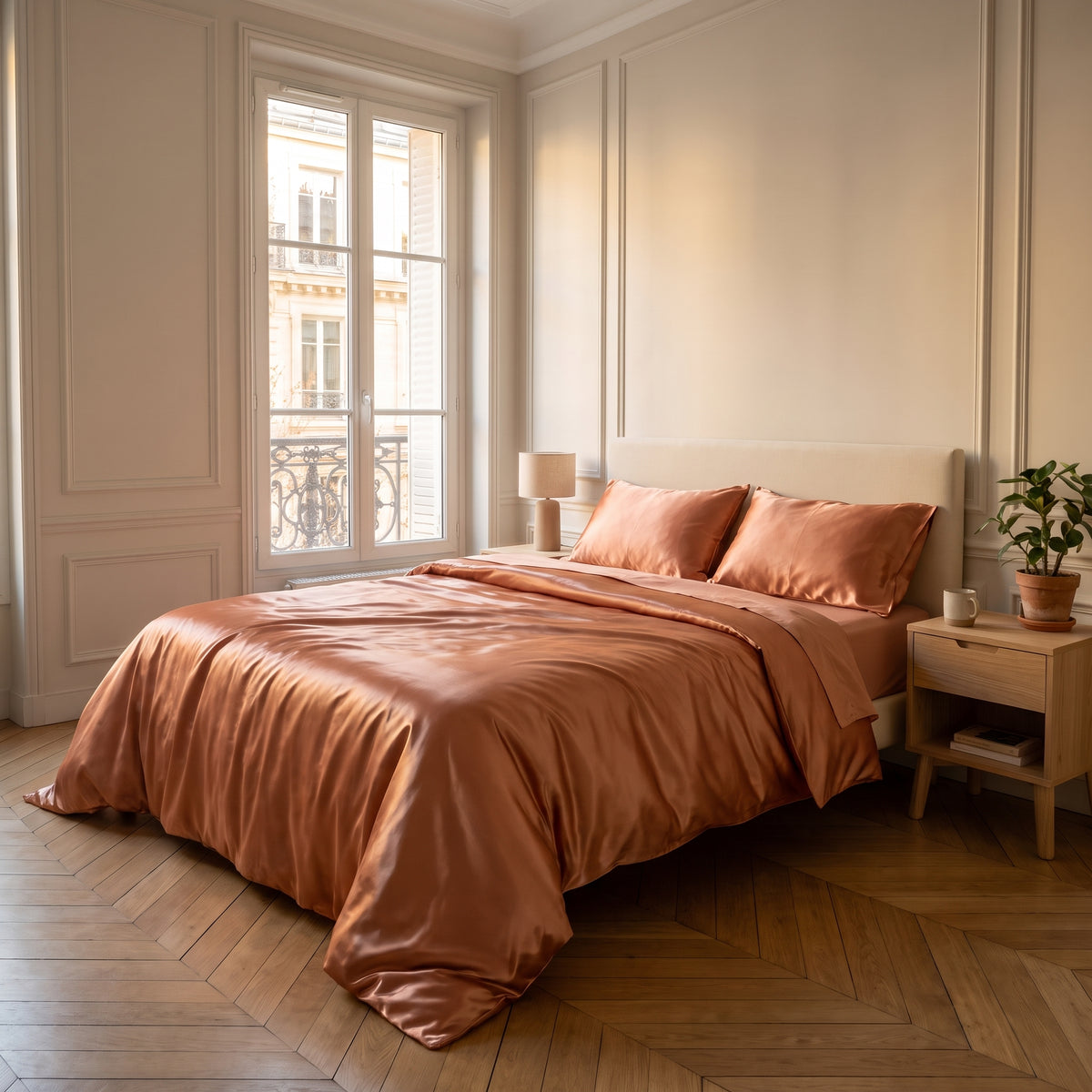 Parure de lit satinée cuivre avec drap plat dans une chambre calme
