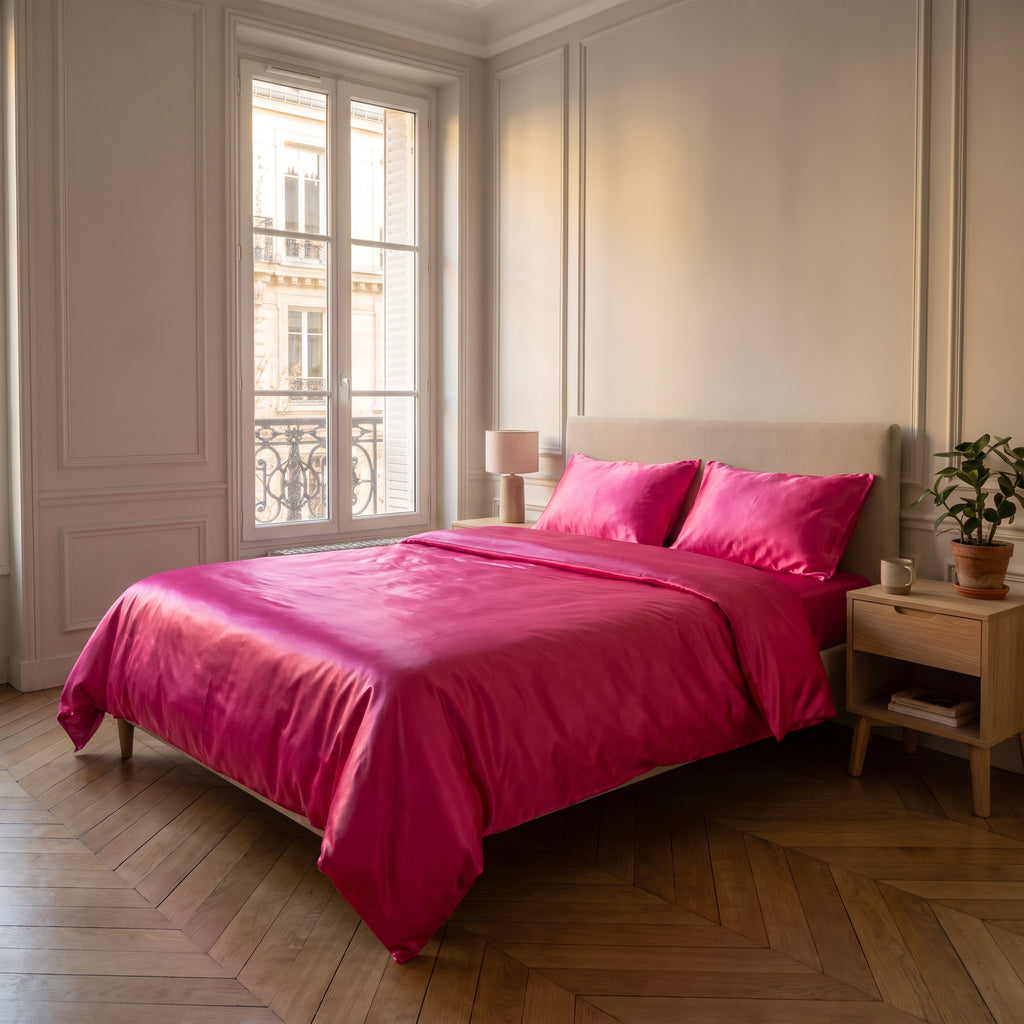 Parure de lit satinée fuchsia avec drap plat dans une chambre calme