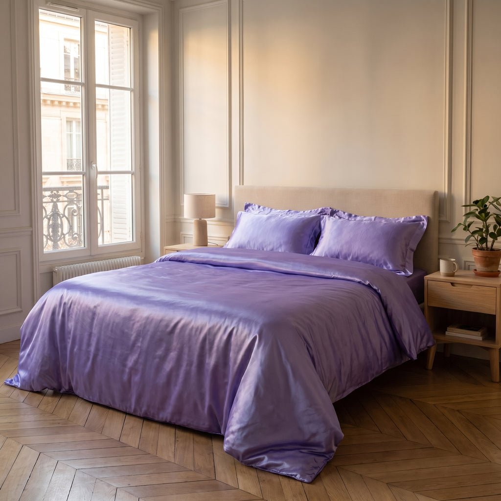 Parure de lit satinée lavande avec drap plat dans une chambre calme