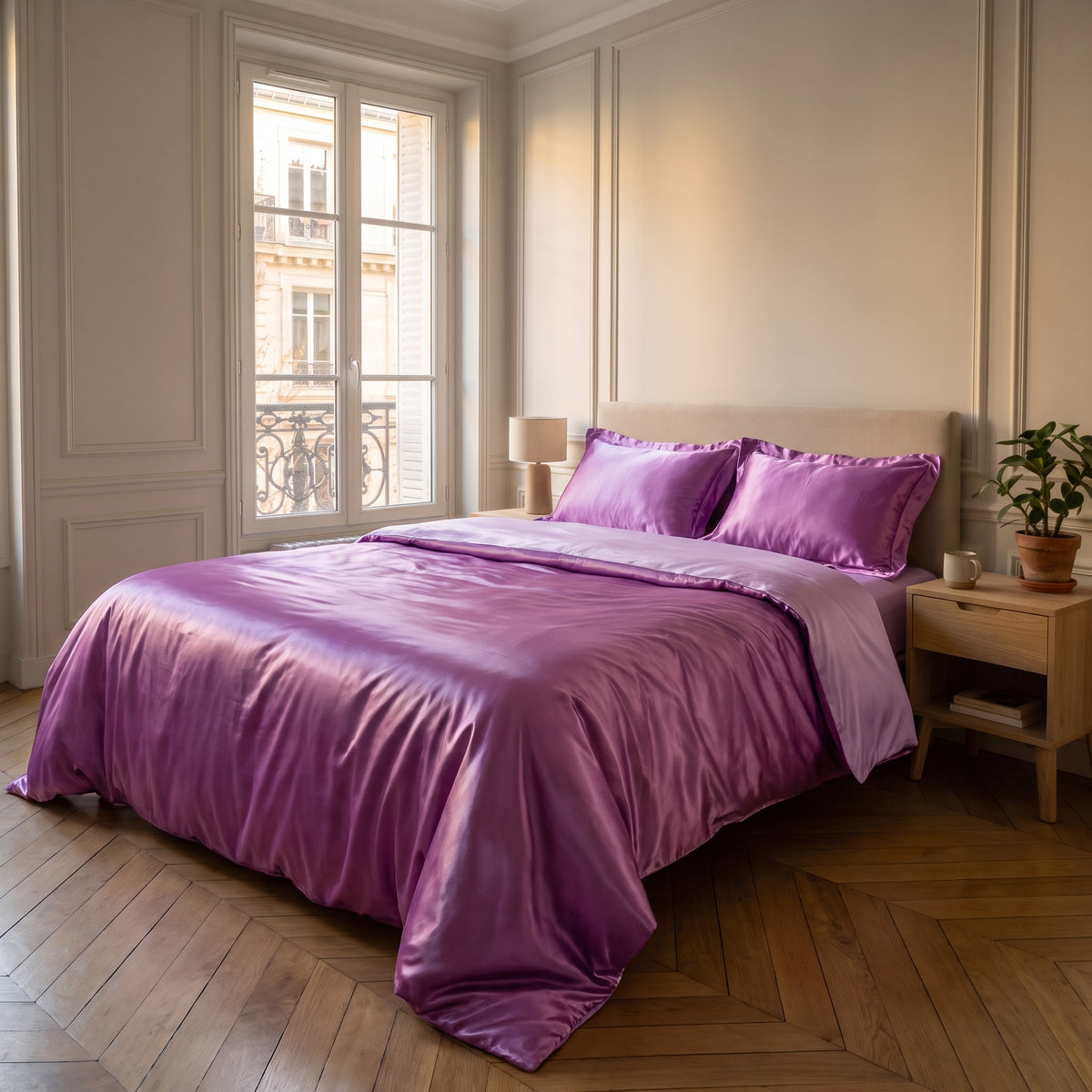 Parure de lit satinée mauve avec drap plat dans une chambre calme