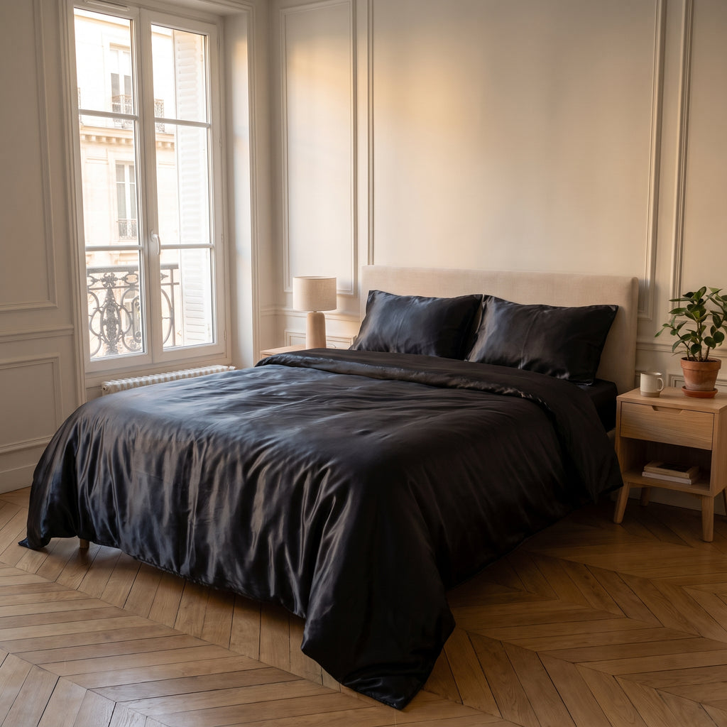 Parure de lit satinée noir avec drap plat dans une chambre calme
