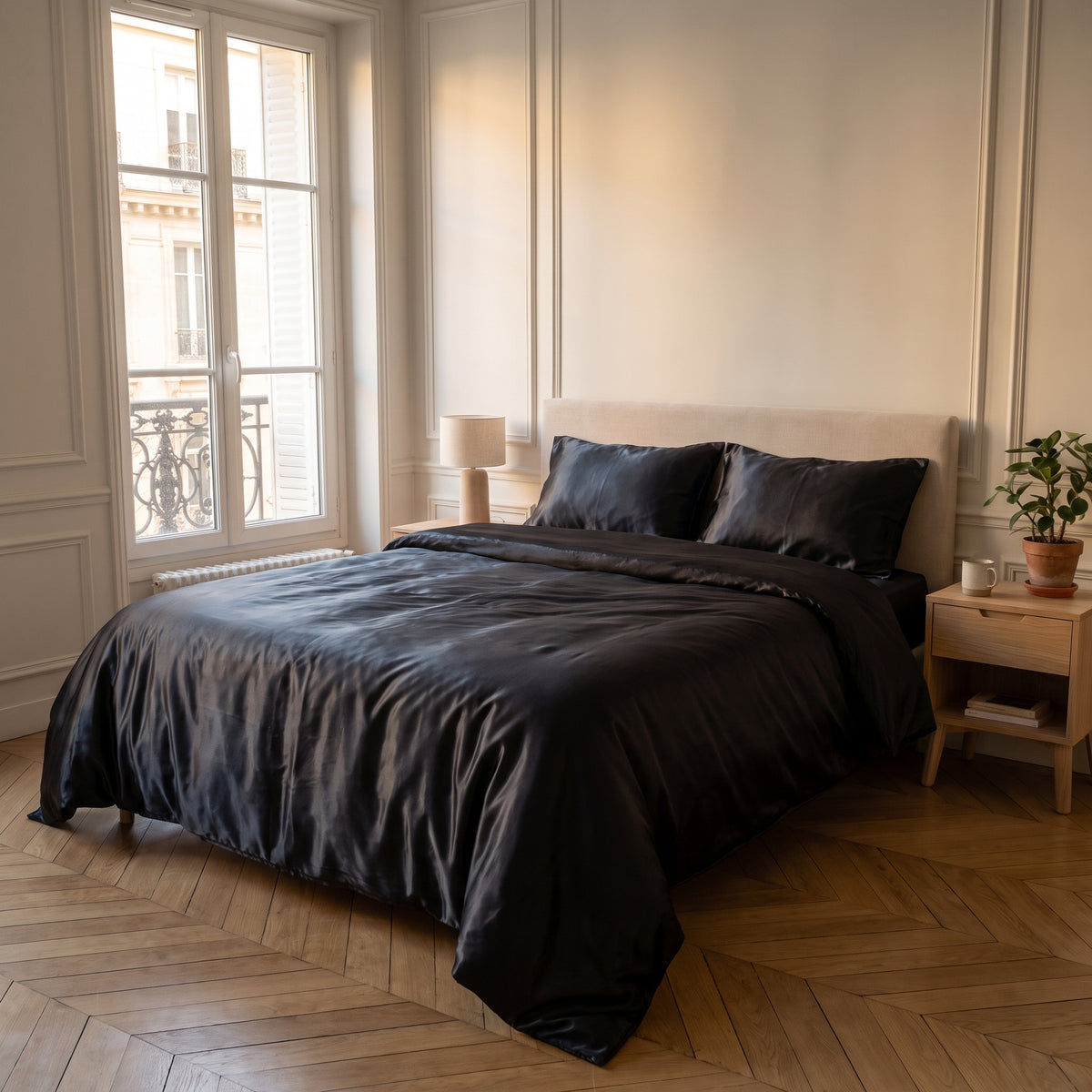 Parure de lit satinée noir avec drap plat dans une chambre calme