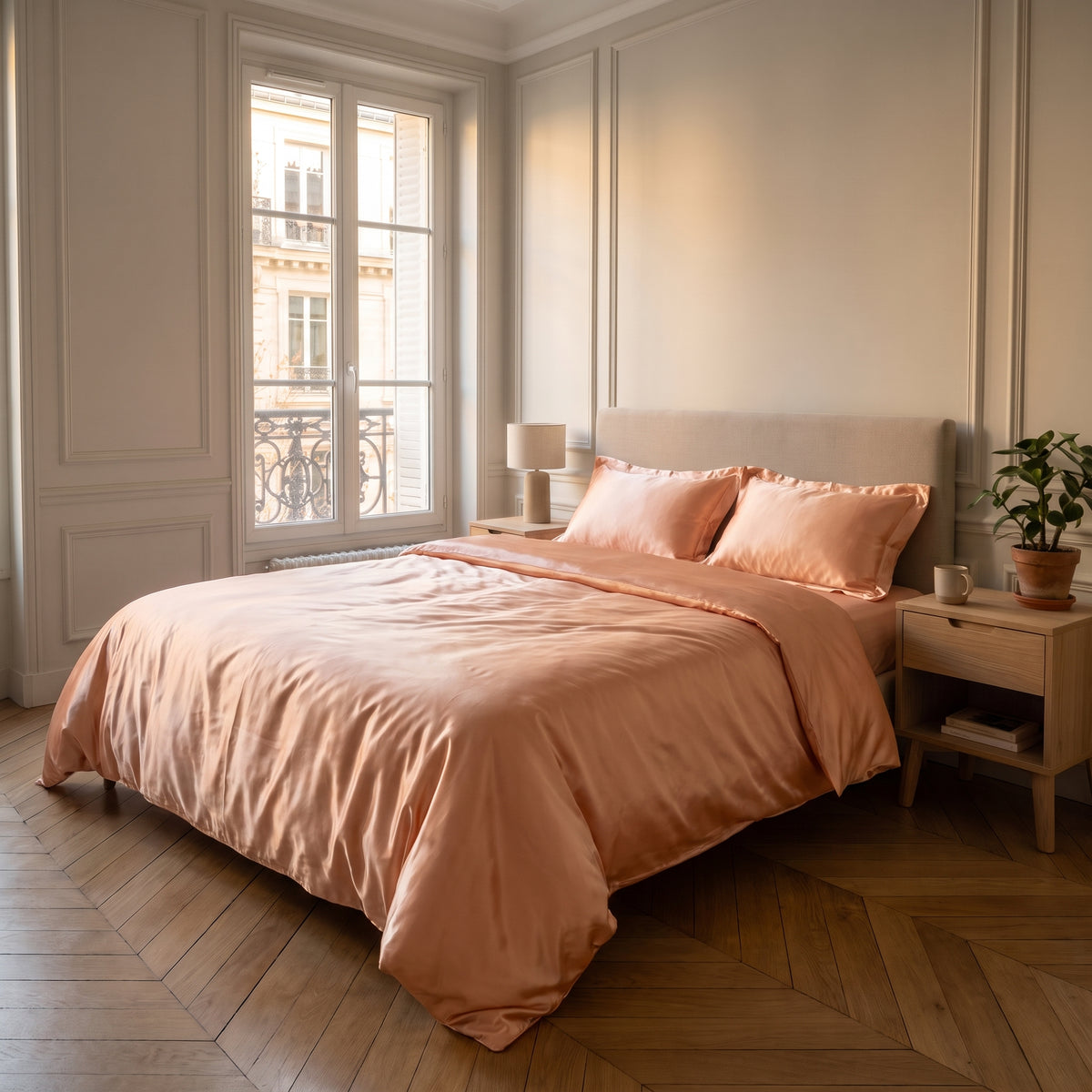Parure de lit satinée pêche avec drap plat dans une chambre calme