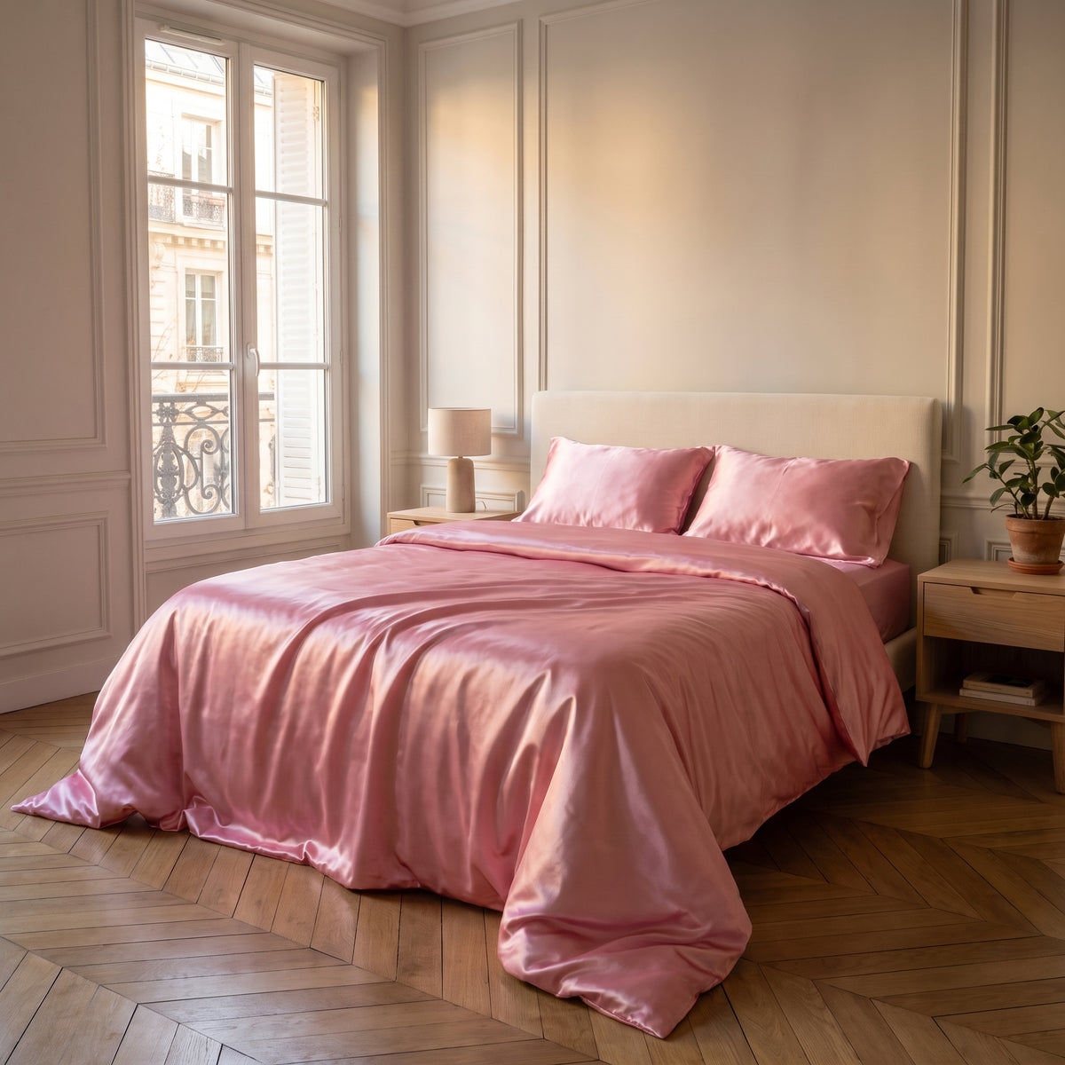 Parure de lit satinée rose poudré avec drap plat dans une chambre calme