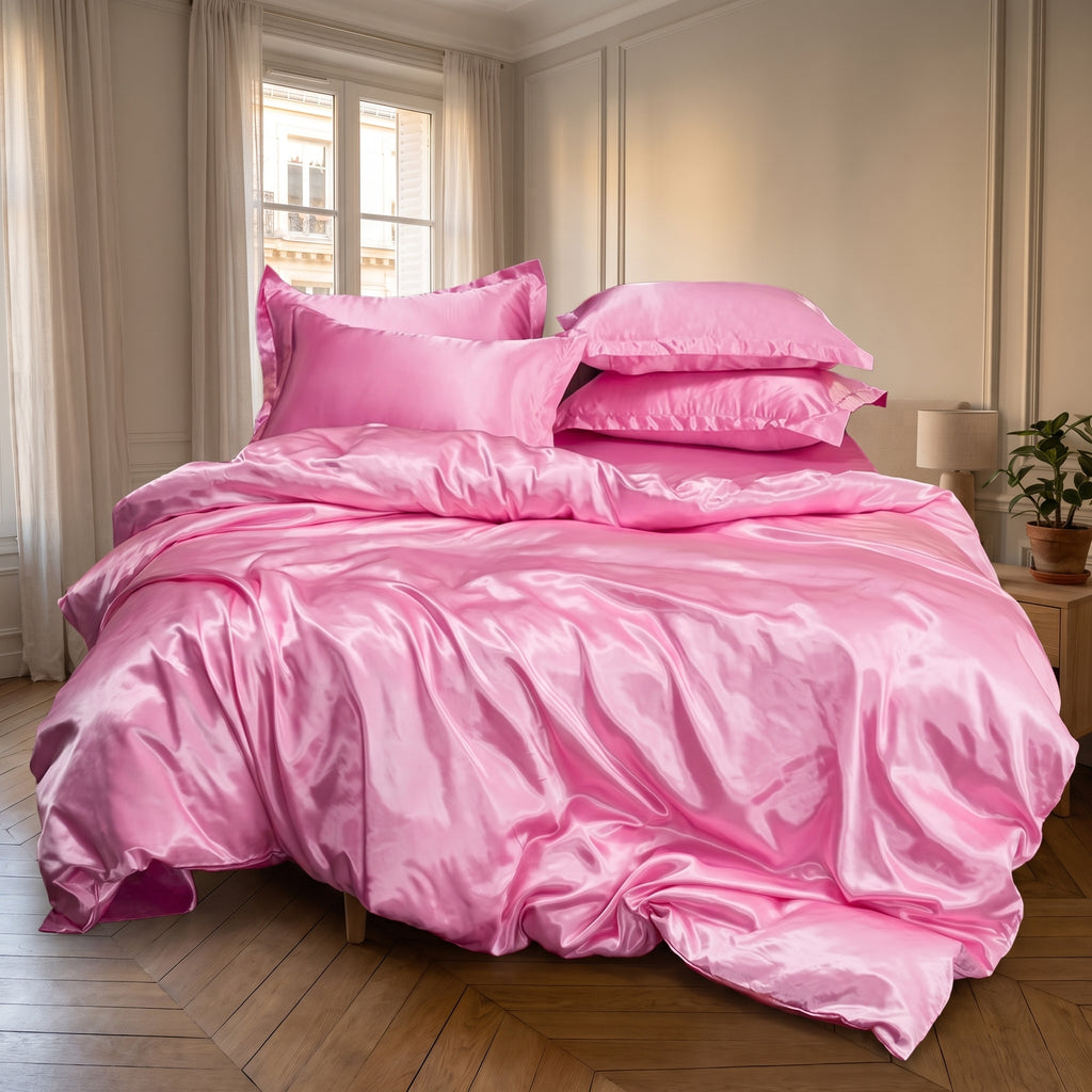 Parure de lit satinée rose avec drap plat dans une chambre calme
