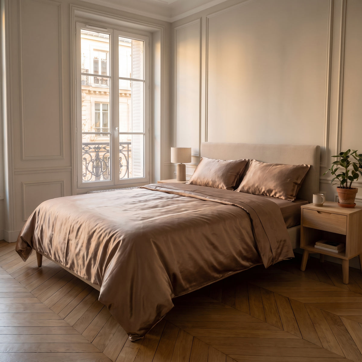 Parure de lit satinée taupe avec drap plat dans une chambre calme