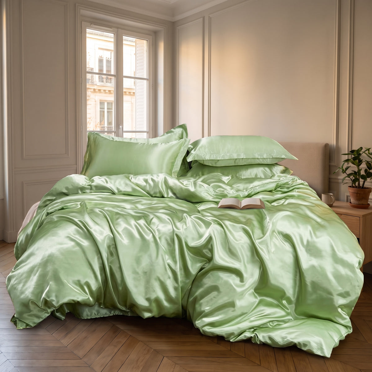 Parure de lit satinée vert amande avec drap plat dans une chambre calme