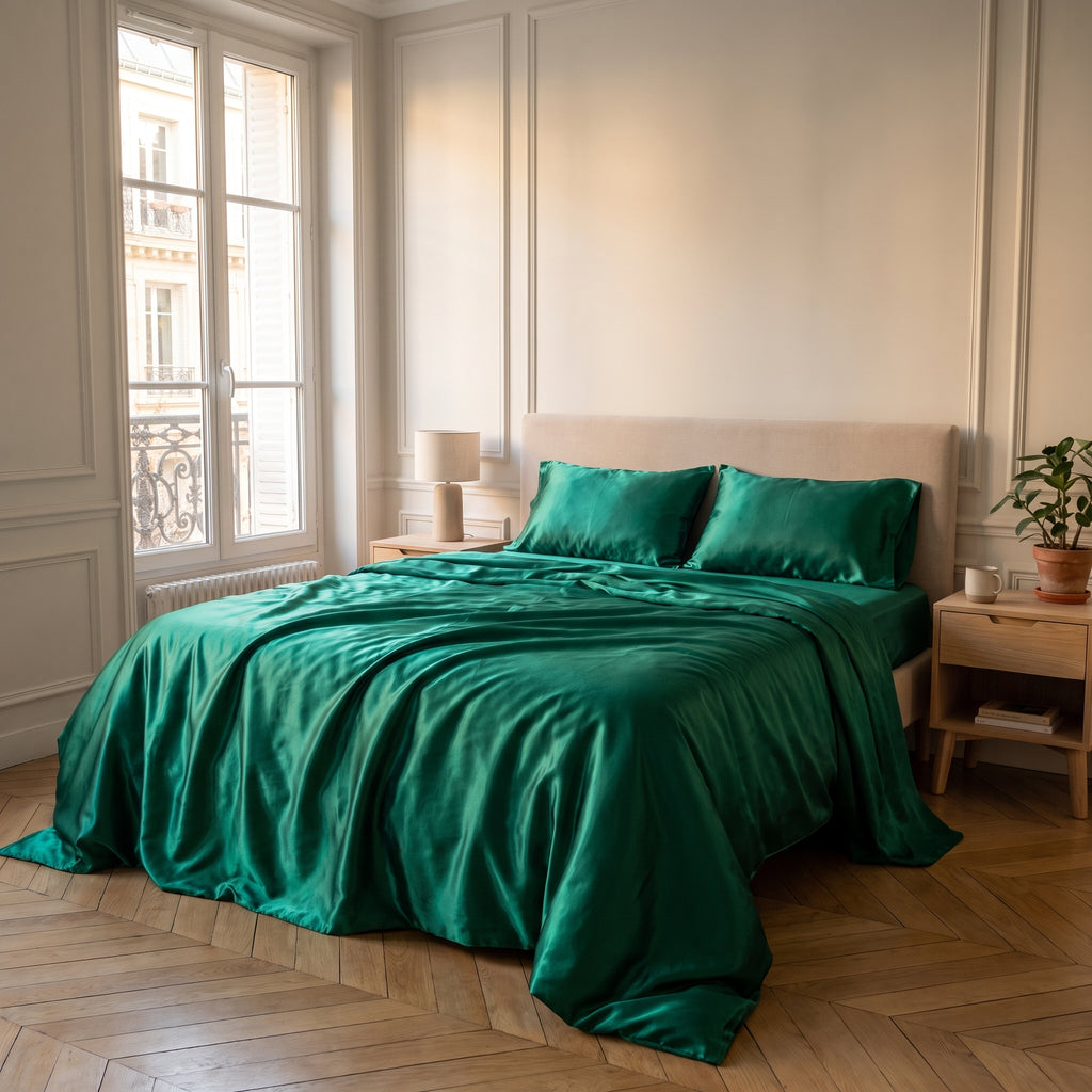 Parure de lit satinée vert émeraude avec drap plat dans une chambre calme