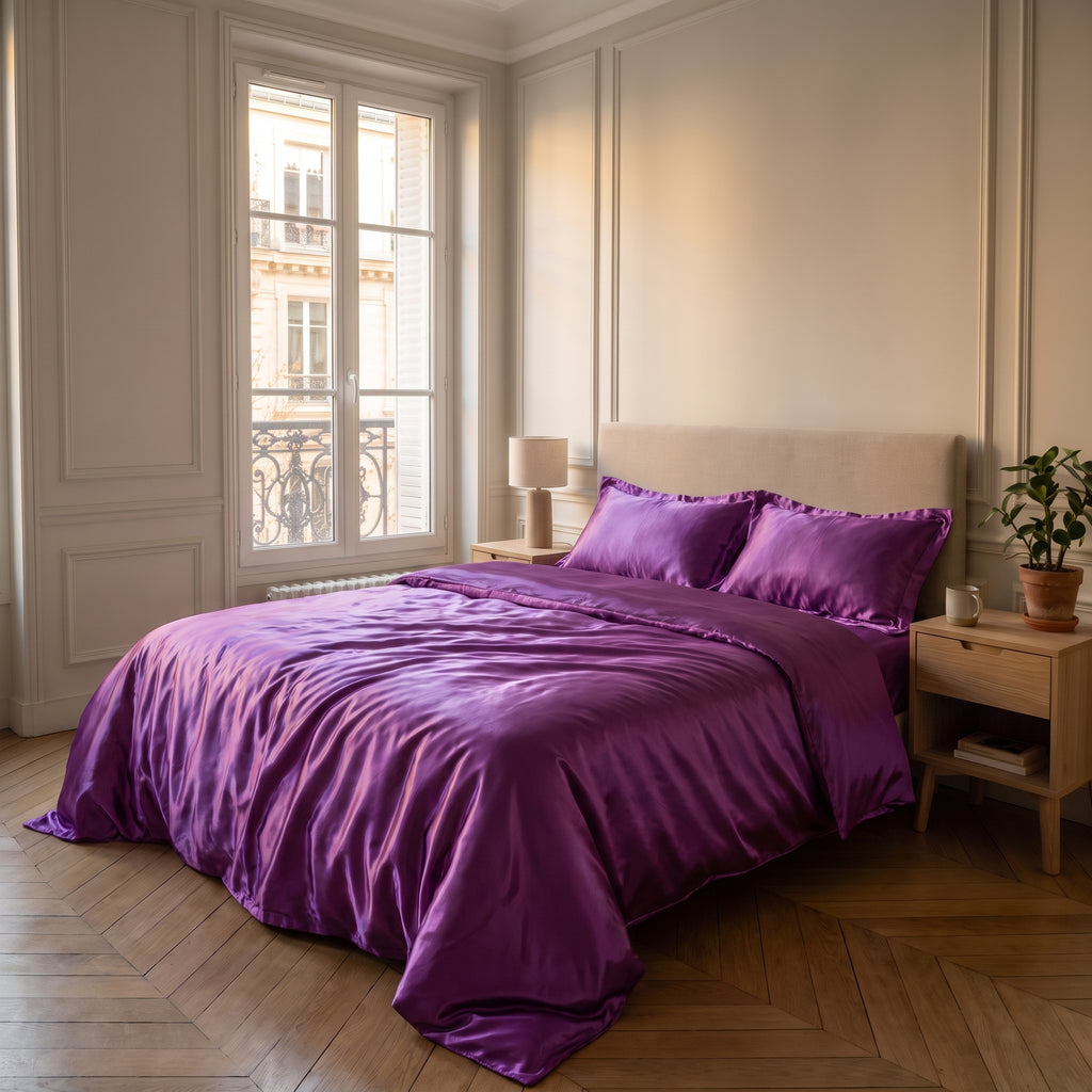 Parure de lit satinée violet profond avec drap plat dans une chambre calme