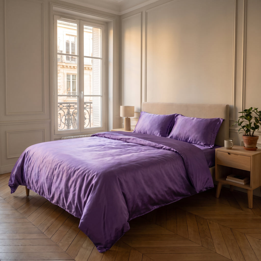 Parure de lit satinée violet avec drap plat dans une chambre calme