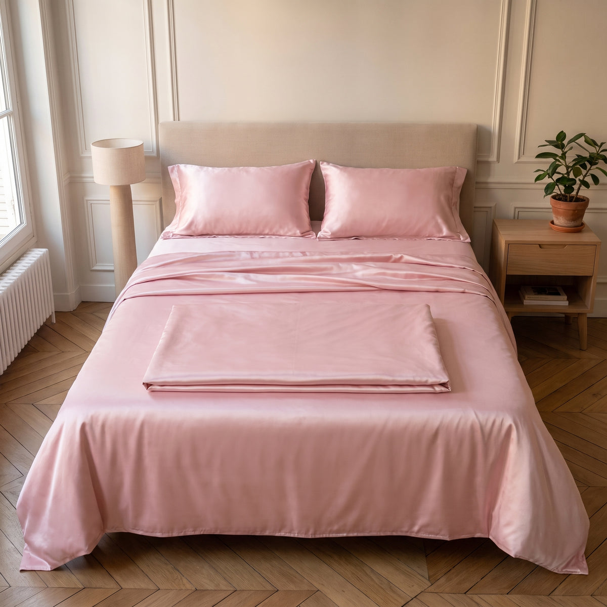 Les quatre pièces de la parure de lit satinée rose : housse, drap plat et deux taies