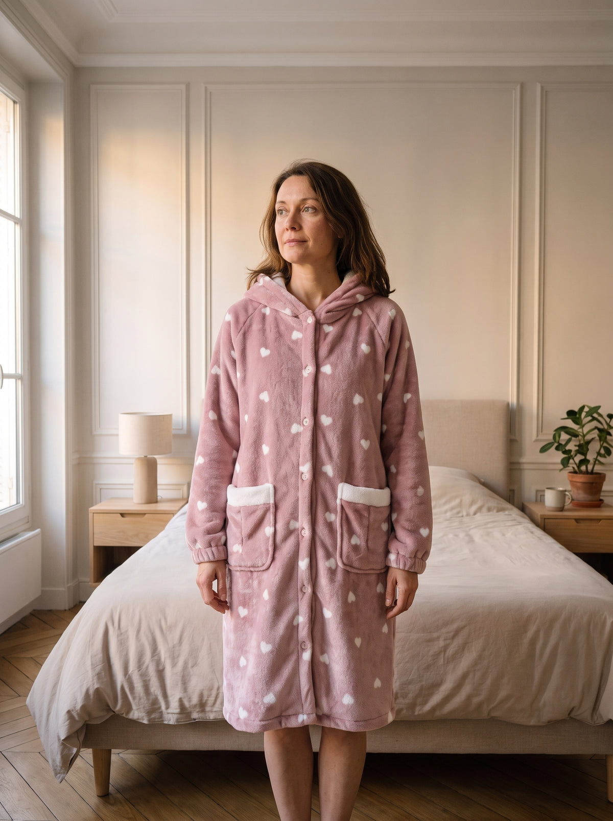 Femme portant le peignoir polaire rose à cœurs dans la chambre Image