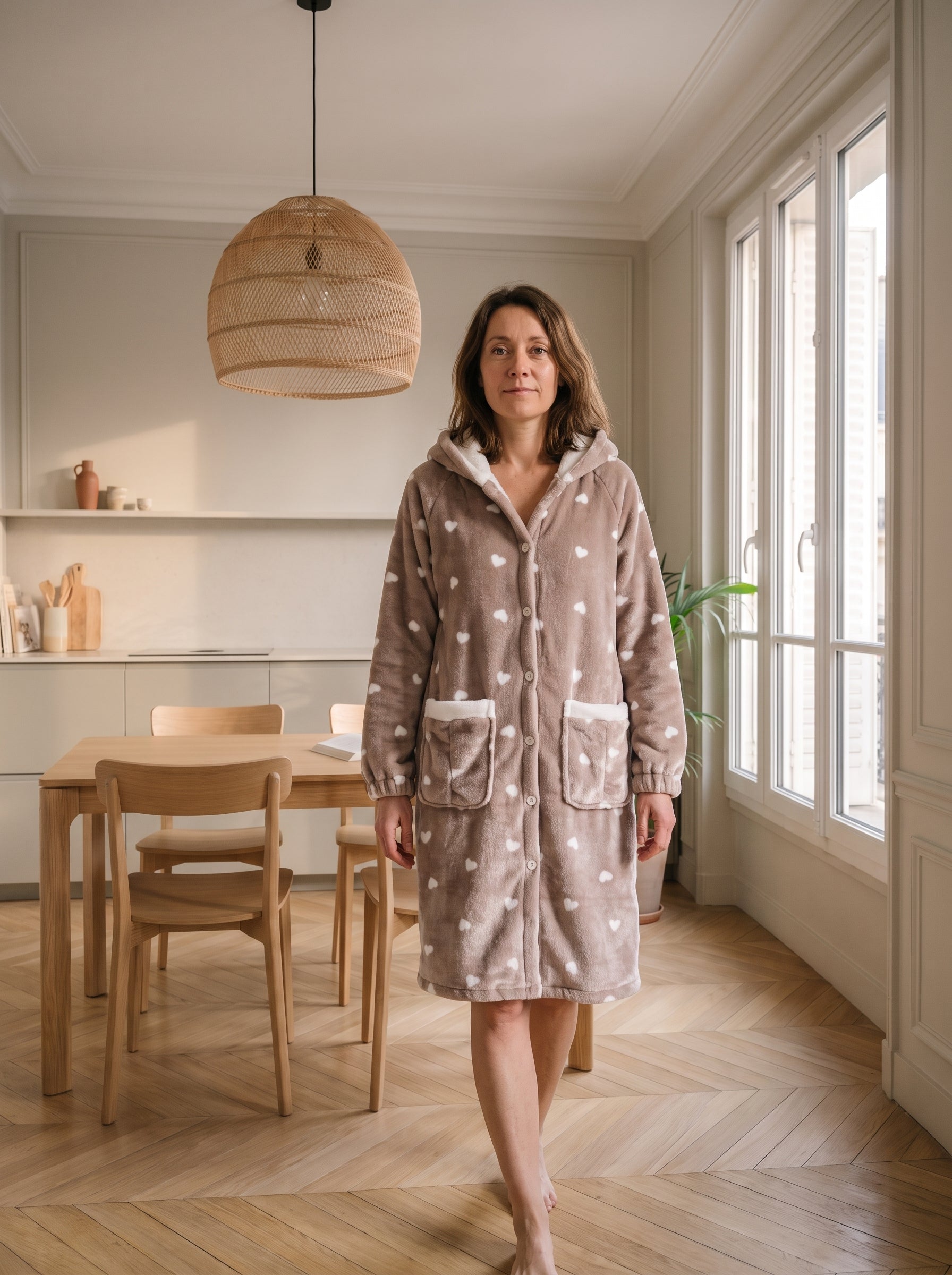 Femme portant le peignoir polaire beige à cœurs près de la table Image