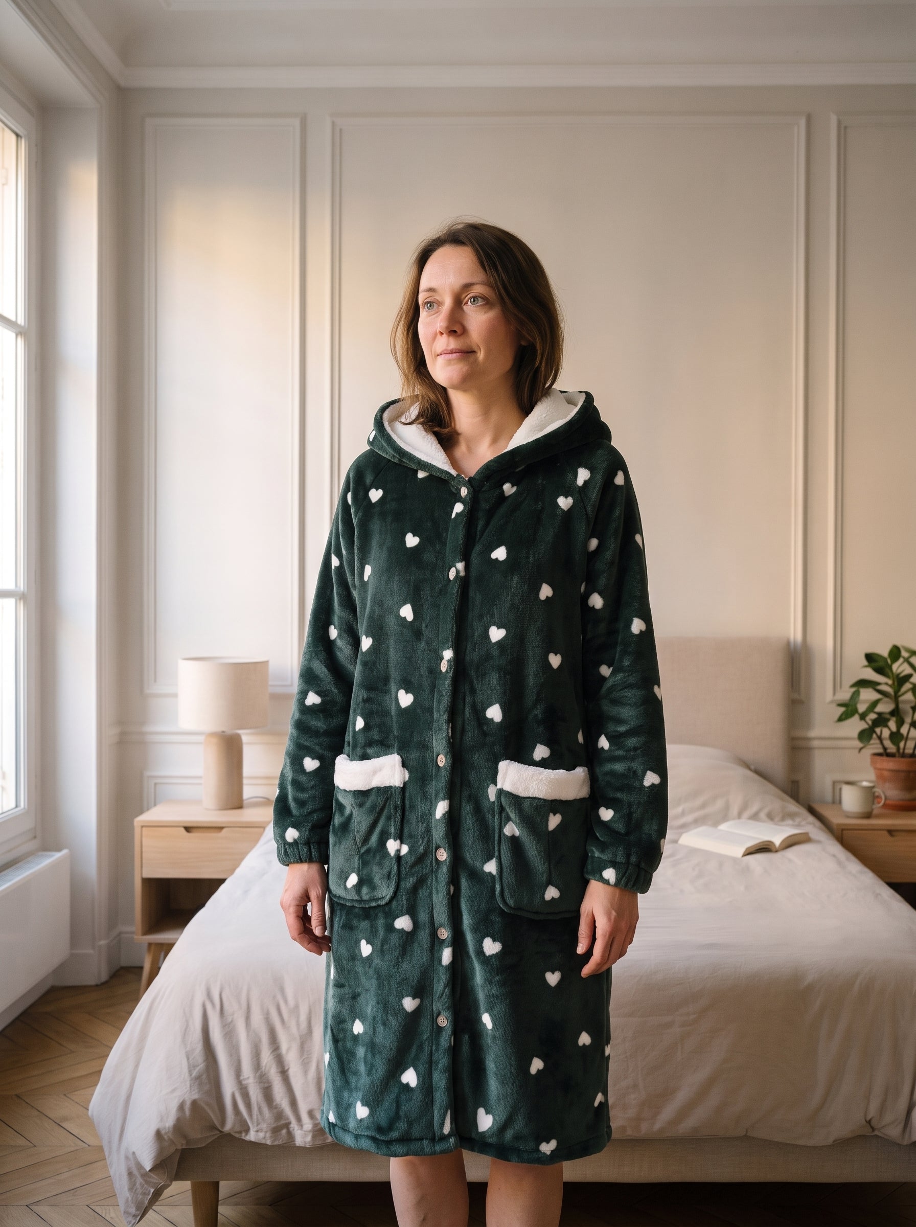 Femme portant le peignoir polaire vert à cœurs dans le salon Image