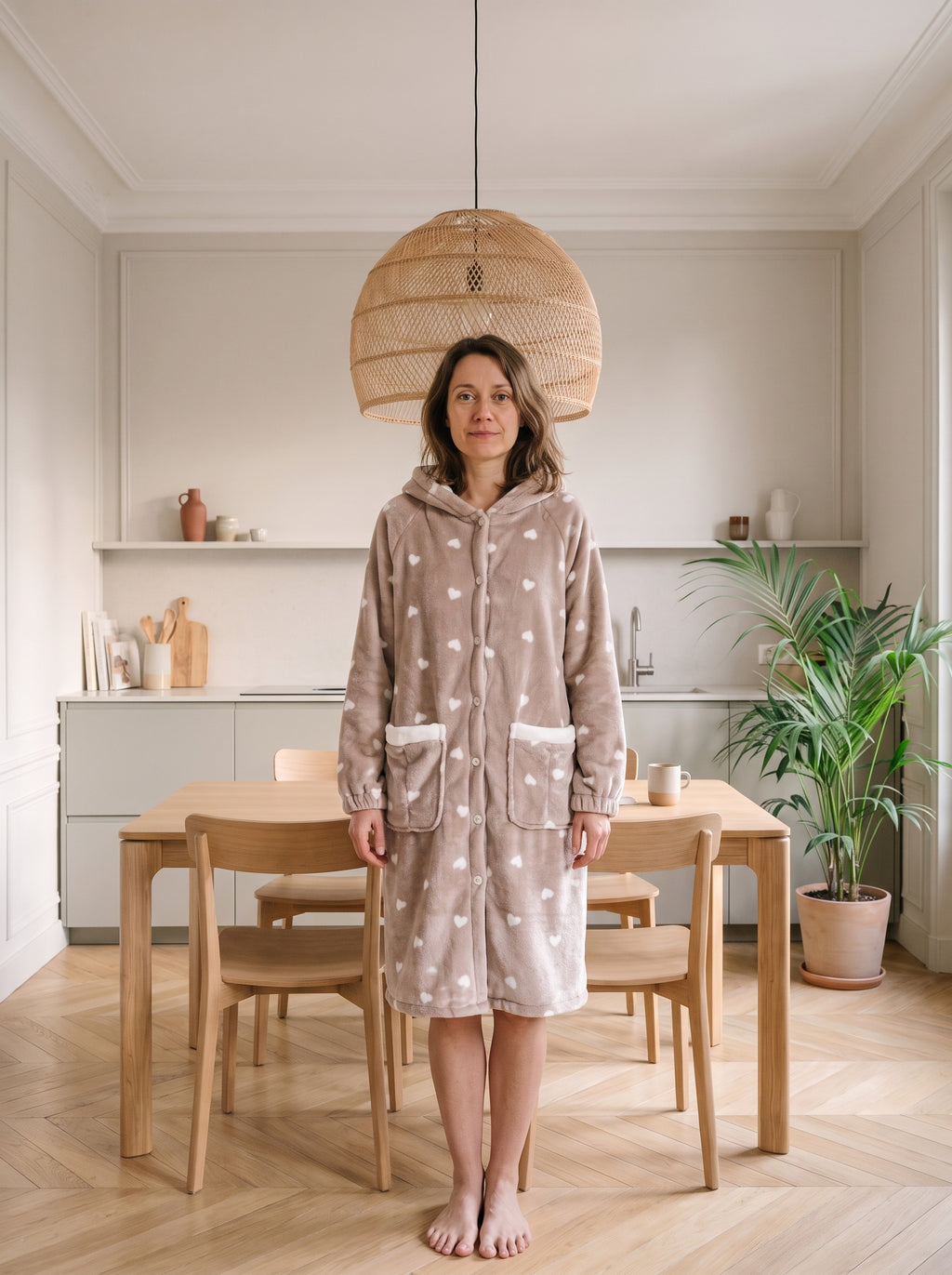 Femme portant le peignoir polaire beige à cœurs près de la table