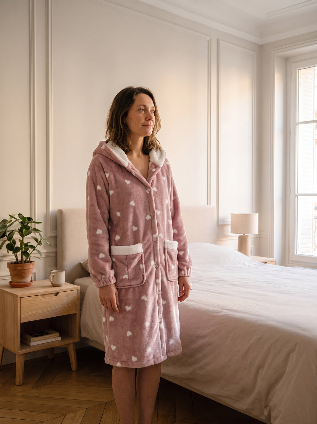 Femme portant le peignoir polaire rose à cœurs dans la chambre