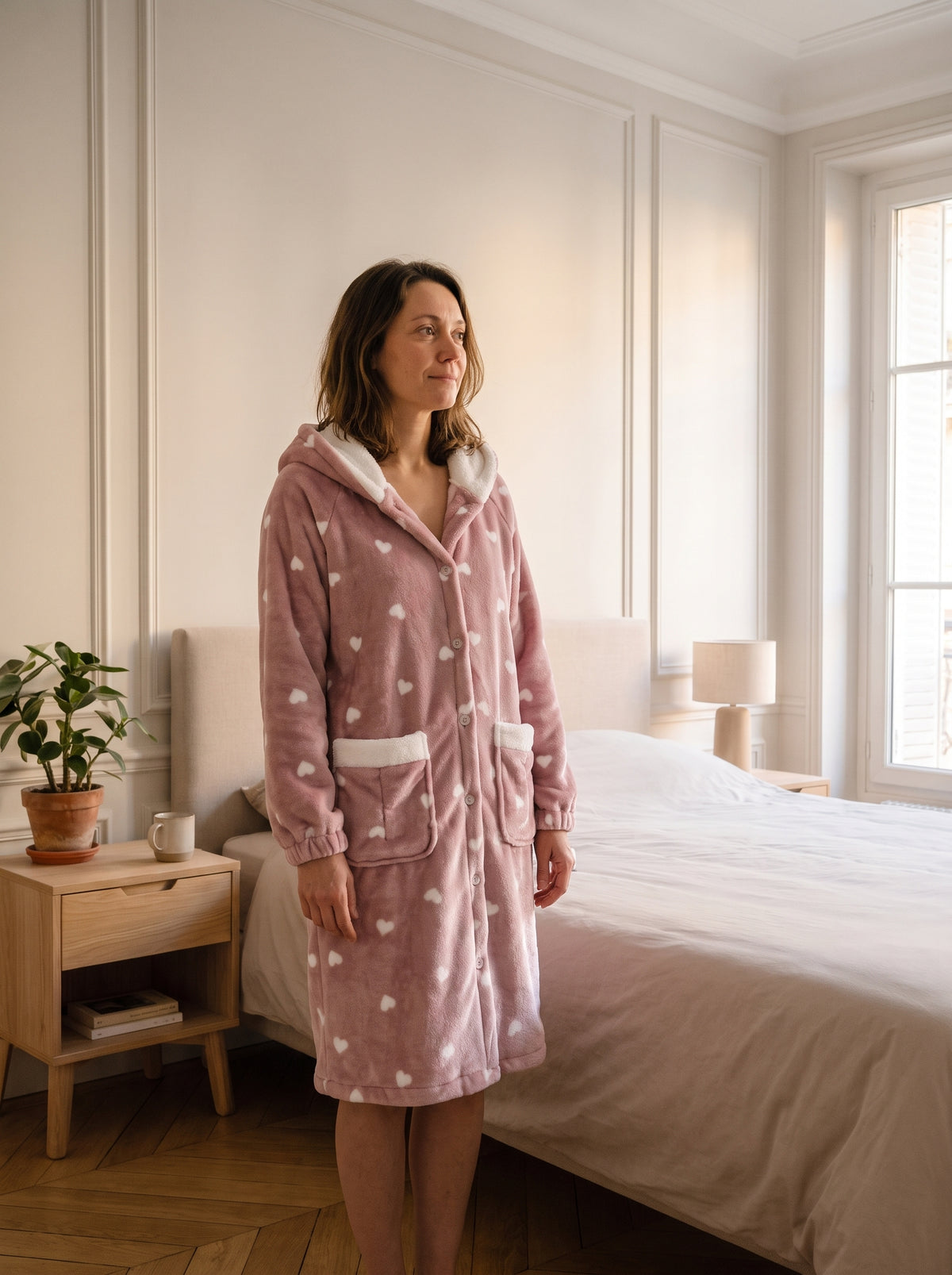 Femme portant le peignoir polaire rose à cœurs dans la chambre