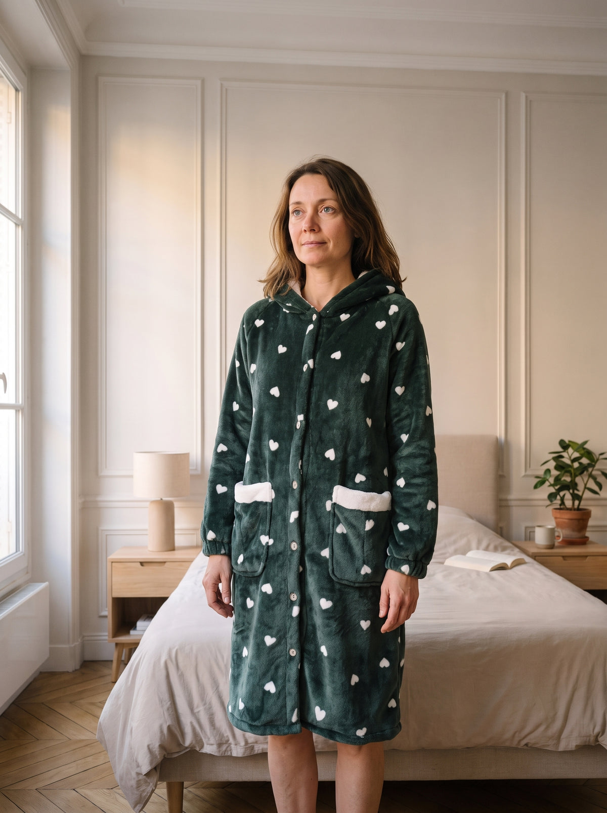 Femme portant le peignoir polaire vert à cœurs dans le salon