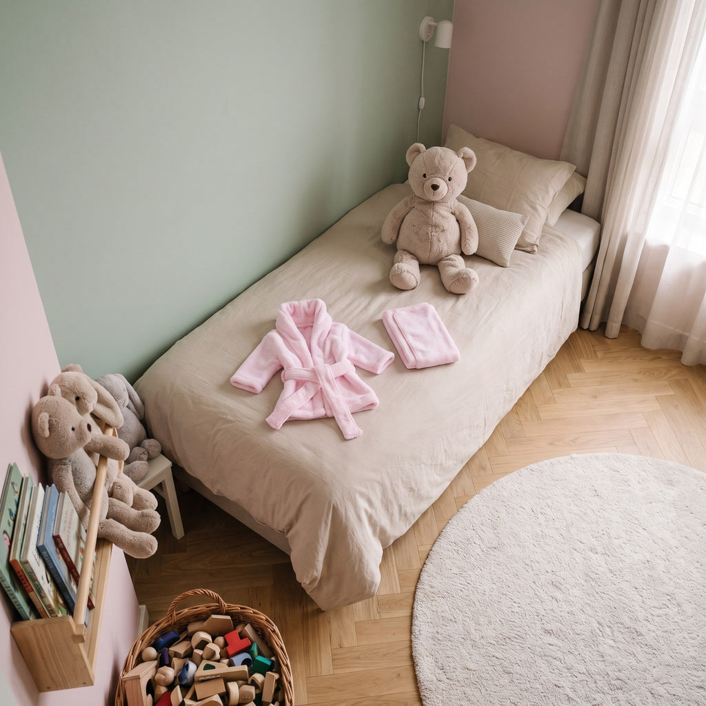 Le peignoir de bain bébé rose posé près d’un ours en peluche, qui donne sa taille réelle