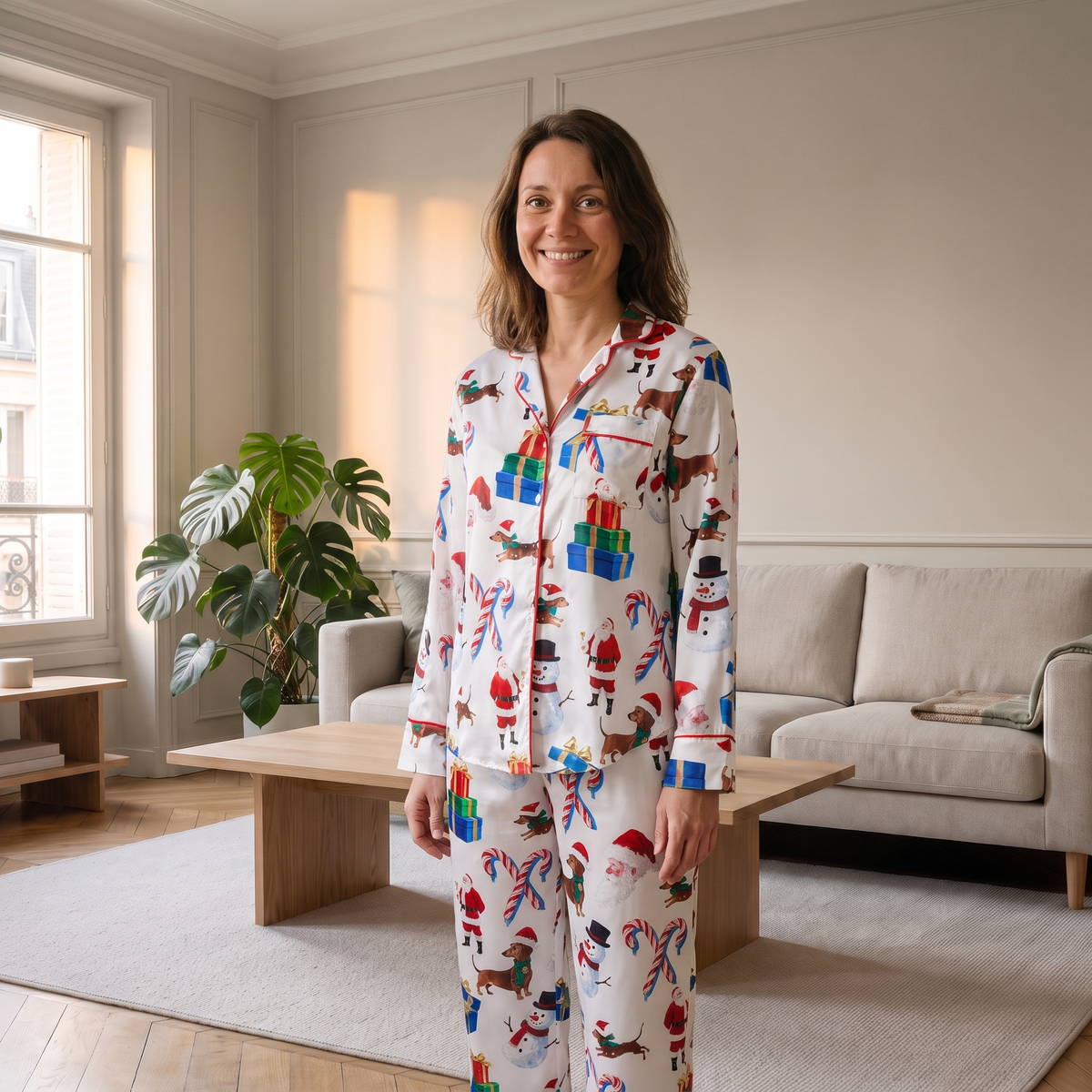 Pyjama de Noël femme à cadeaux et personnages porté dans le salon