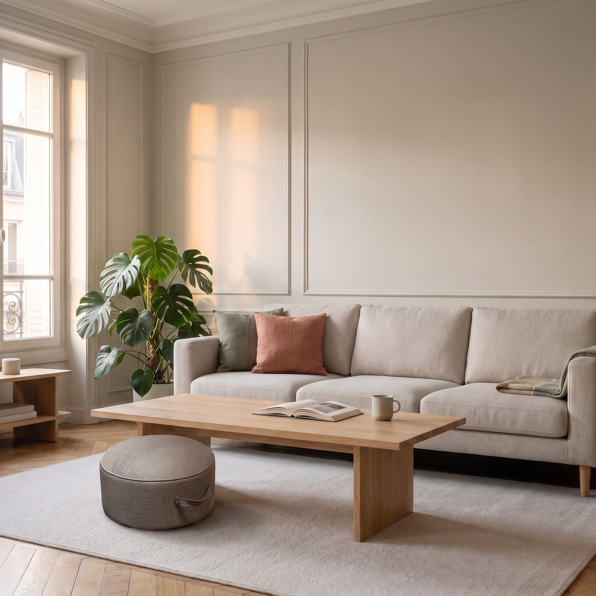 Coussin de sol rond kaki posé près d'une table basse dans un salon clair