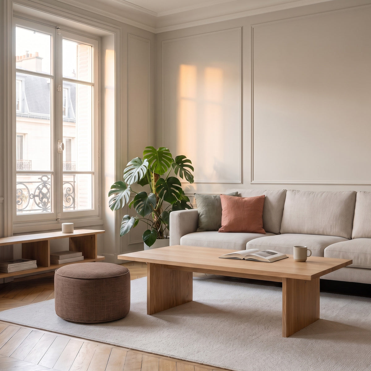 Coussin de sol rond marron devant une bibliothèque basse dans le salon
