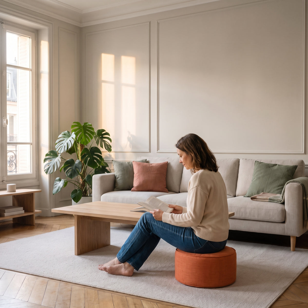Femme assise sur le coussin de sol rond orange devant la table basse