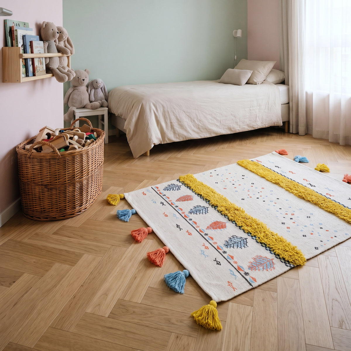 Le petit tapis coloré en descente de lit dans une chambre d'enfant Image