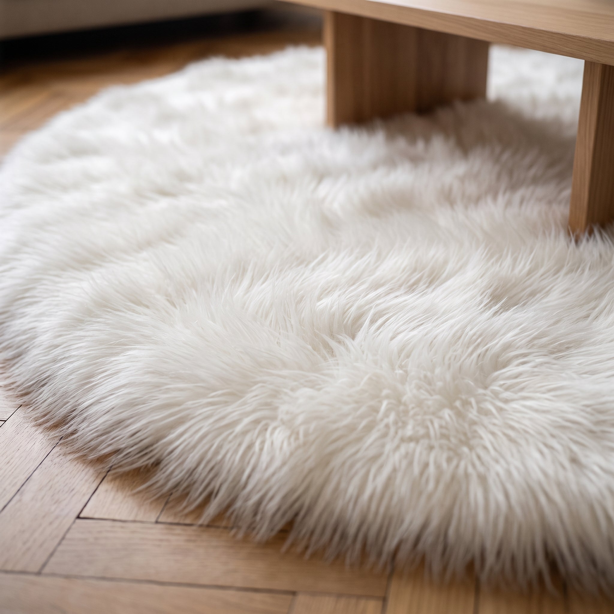Gros plan sur les poils longs du petit tapis rond blanc Image